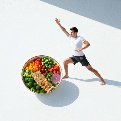 Lifestyle image depicting a healthy meal and exercise routine