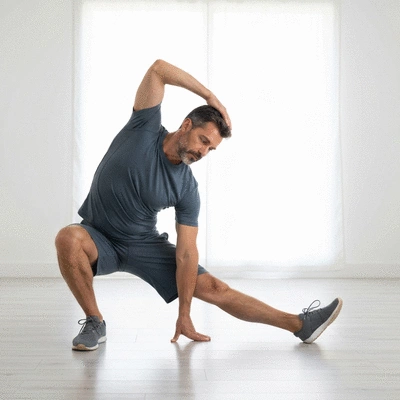 User doing stretching exercises at home