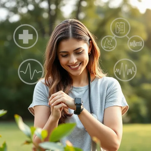 Eine Frau betrachtet ihre Smartwatch und lächelt, im Hintergrund sind medizinische Symbole und Natur zu sehen, die Gesundheit und Technologie verbinden