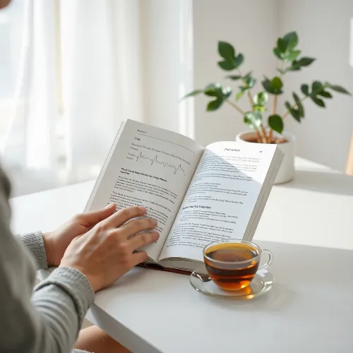 Person liest ein medizinisches Buch auf einem Tisch