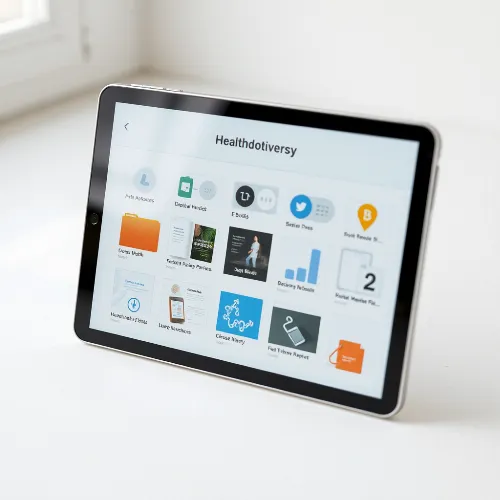 Eine digitale Bibliothek voller Gesundheitsressourcen auf einem Tablet